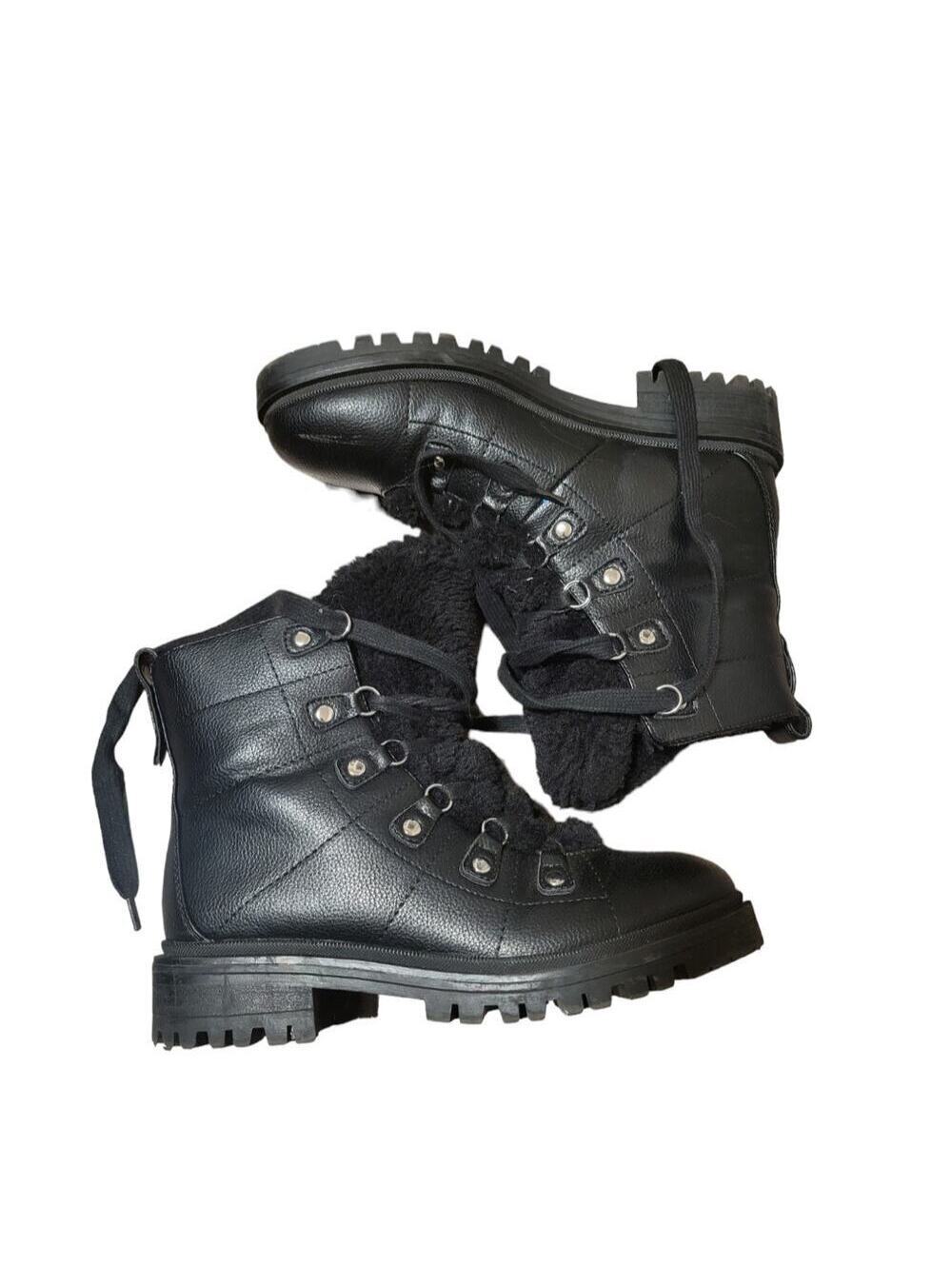 Nine West Black Faux Fur lined Leather Combat Boot 1.5" Heel Size 7.5